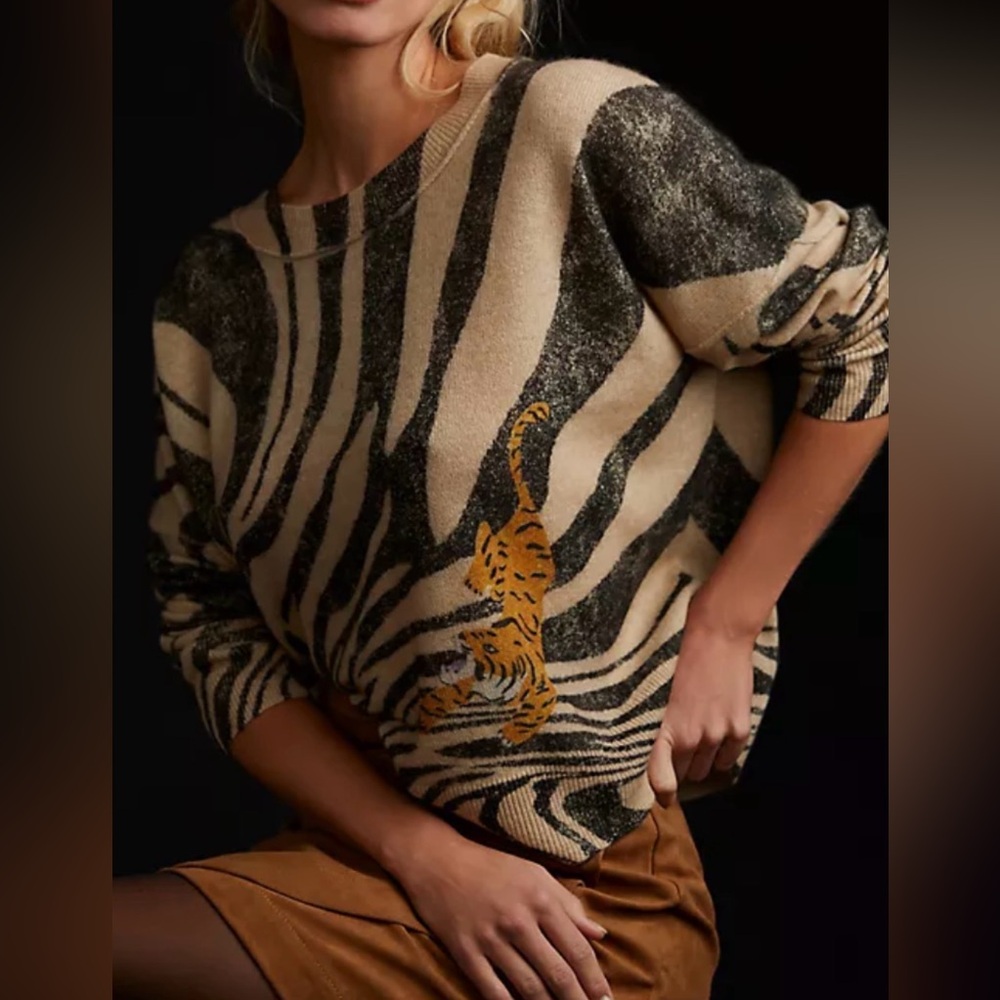 Anthropologie Pilcro Cashmere Zebra Tiger Sweater M Animal Print Knit